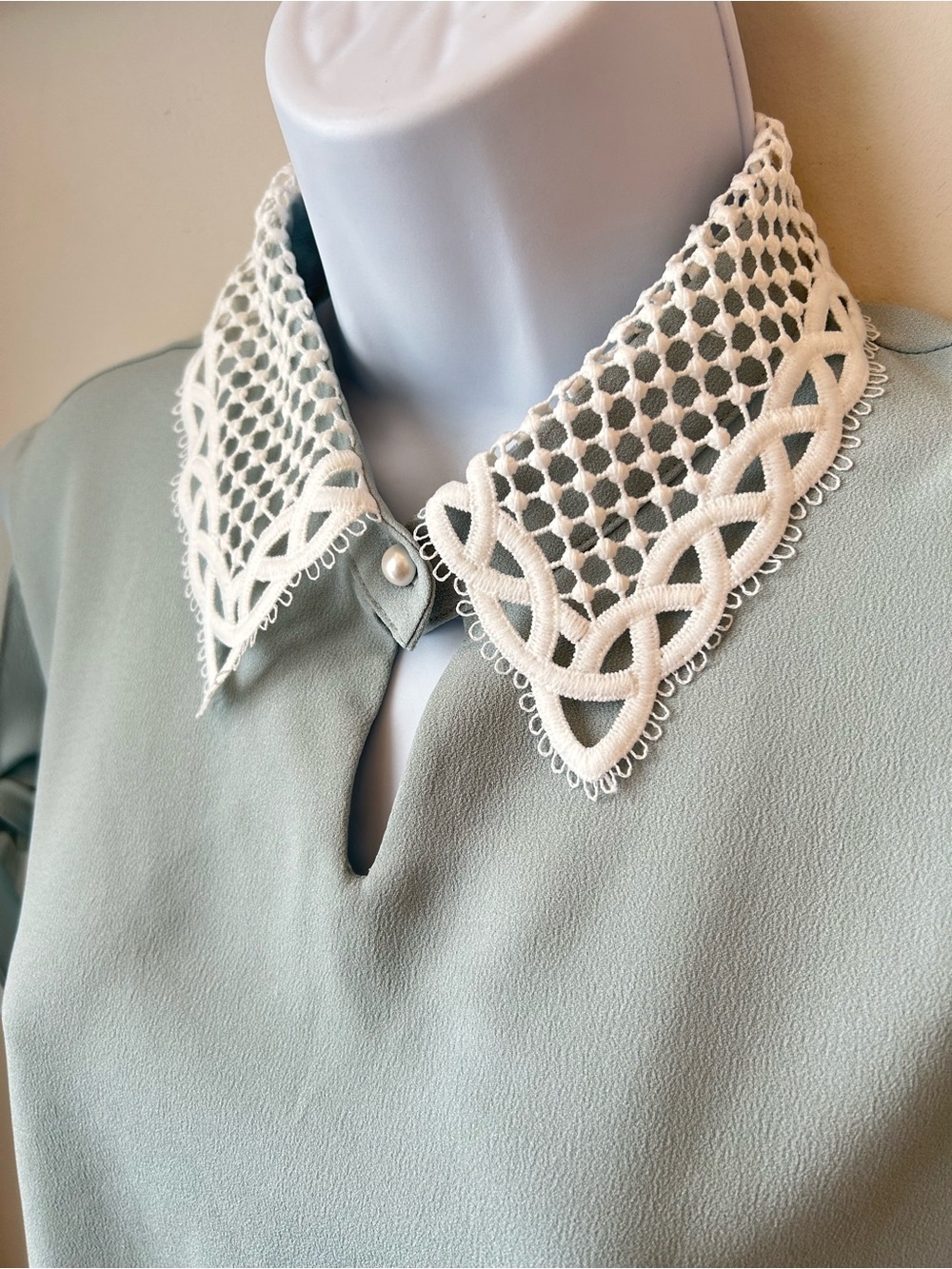 Lace Collar Seafoam Blouse - Mermaidcore Coquette Korean Office Chic - Picture 5 of 13